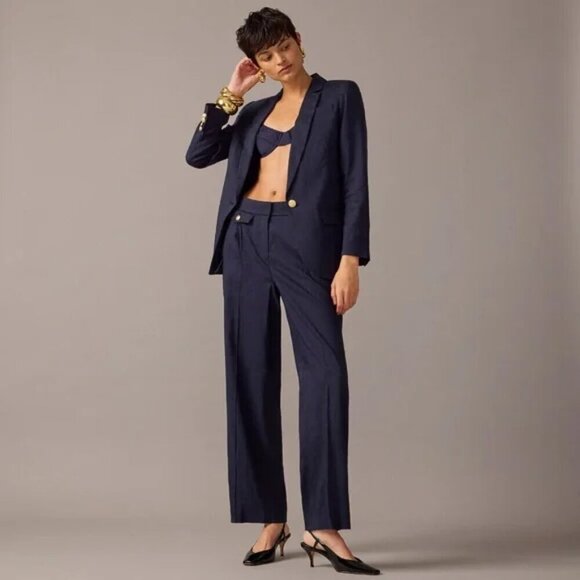 J. Crew Collection Side Tab Trouser Italian Linen Blend Navy Size 12 NWT - Picture 1 of 9